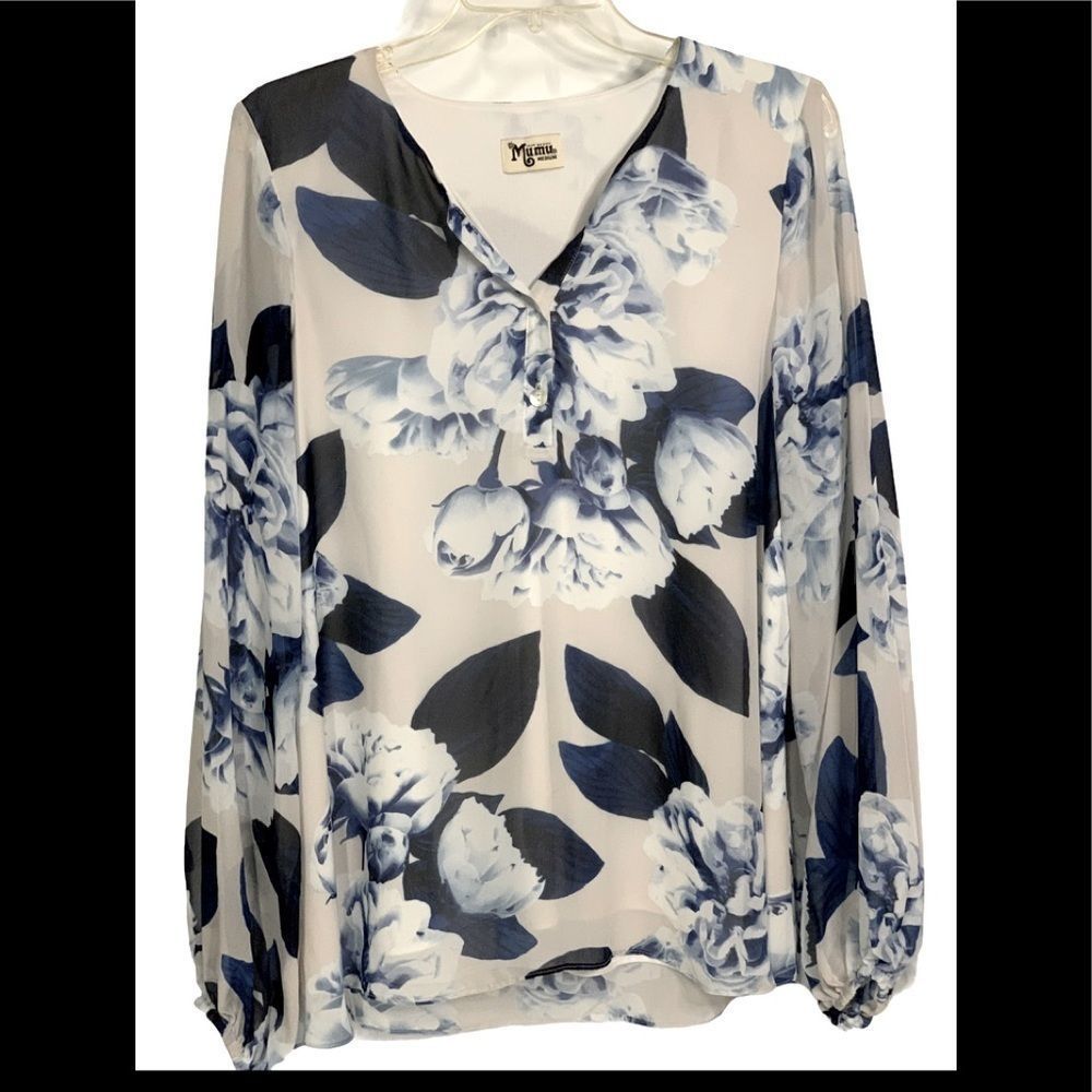 Show Me Your MuMu Jamie Tunic White And Blue Floral Blouse Size Medium